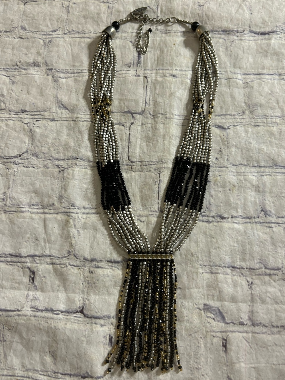 LONG GEMSTONES BEADED NECKLACE BOHO SILVER & BLACK MULTI STRANDS HIMALAYAN INDIA